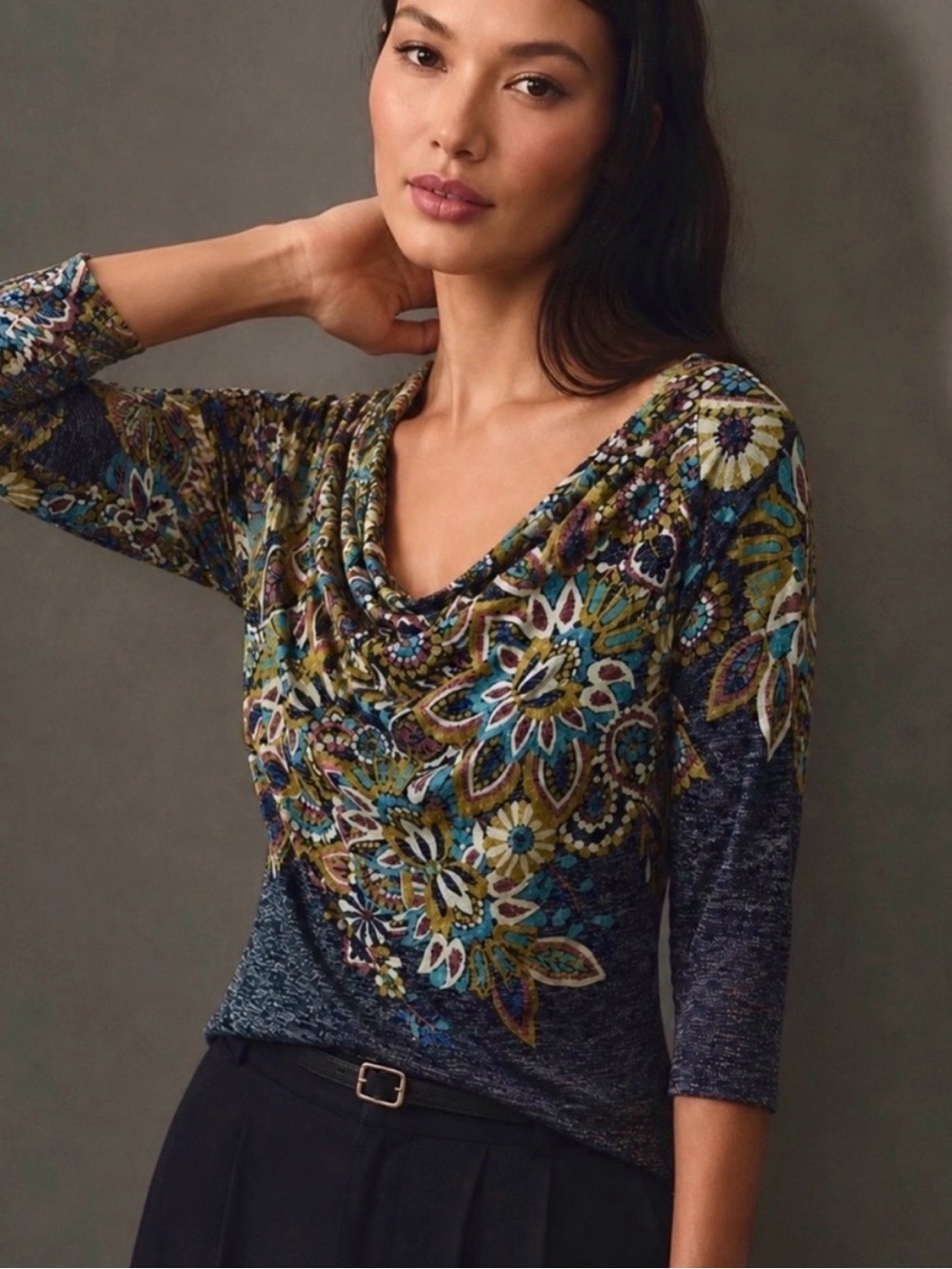 Anthropologie POSTMARK Jacaranda Floral Cowl Neck Top Size M
